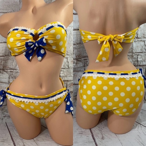 Betsy Johnson RARE Yellow Polka Dot Bikini with Blue Bow - Picture 16 of 16